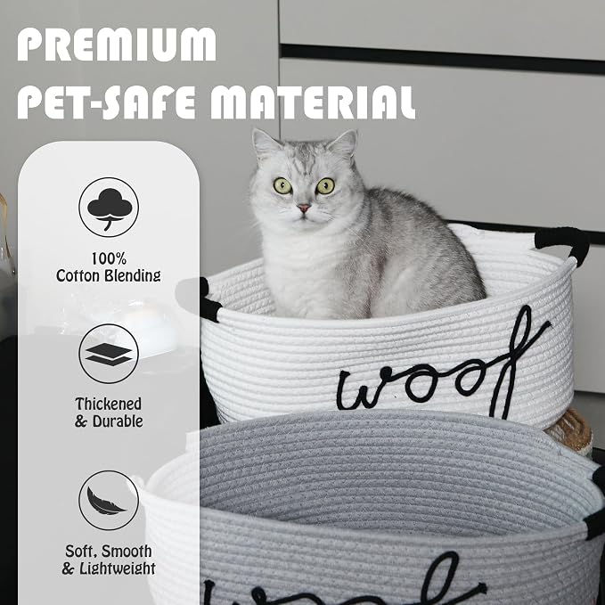 Sea Team Dog Toy Storage Basket with Handles, White Woof | Large Cotton Rope Storage Bin, Shelf Basket, Organizer for Pet Chew Toys, Foods, 16.5 x 11 x 7 Inches, 4.4 Gallons - Image 4
