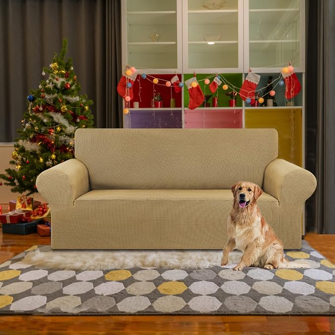 KEKUOU Stretch Loveseat Couch Cover, 2 Cushion Couch Slipcover,Tan | 1-Piece Washable Sofa Cover Pet Friendly (55"-78") Furniture Protector Soft Jacquard, Elastic Bottom for Dogs & Kids - Image 2