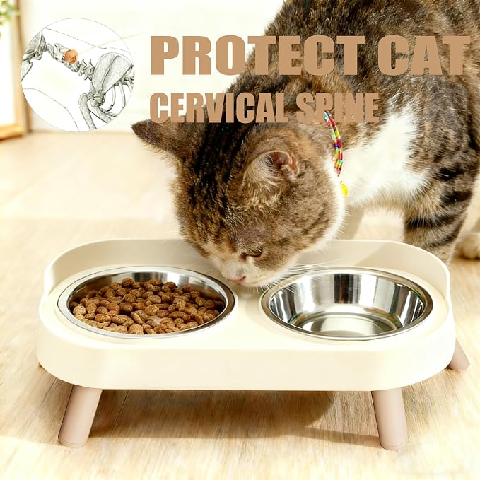 Elevated Cat Bowls, 2 Stainless Steel Raised Cat Food and Water Bowl Set, Splash Proof & Non-Slip, Whisker Fatigue Friendly, Dishwasher Safe for Cats and Small Dogs - White - Image 2