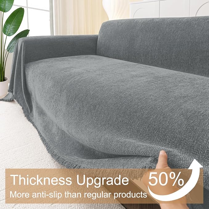 Smiry Couch Cover for Dogs, Chenille Sofa Covers for 3 Cushion Couch | Washable Soft Sofa Slipcover for Pets, Thick Sectional Furniture Protector with Tassels (Grey, 71x91 Inch) - Image 4