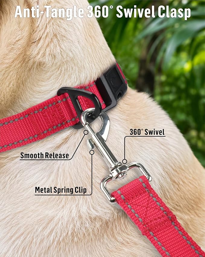 FunTags Reflective Nylon Dog Leash for Medium & Large Dogs, 6FT for Walks | Comfortable Padded Grip, Stay Safe at Night, 360° Anti-Tangle Swivel, for Dog Parks & Trails, Red - Image 4