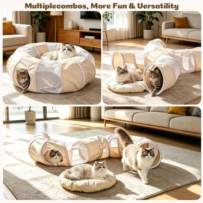 Ownpets Collapsible Cat Tunnel Toy - 2-in-1 Interactive Play Tunnel for Cat up to 18 lbs, Tear-Resistant Mesh, Fold to 2 Inches Thick, Portable Cat Exercise & Entertainment Tunnel, 12" Diameter, Khaki - Image 3