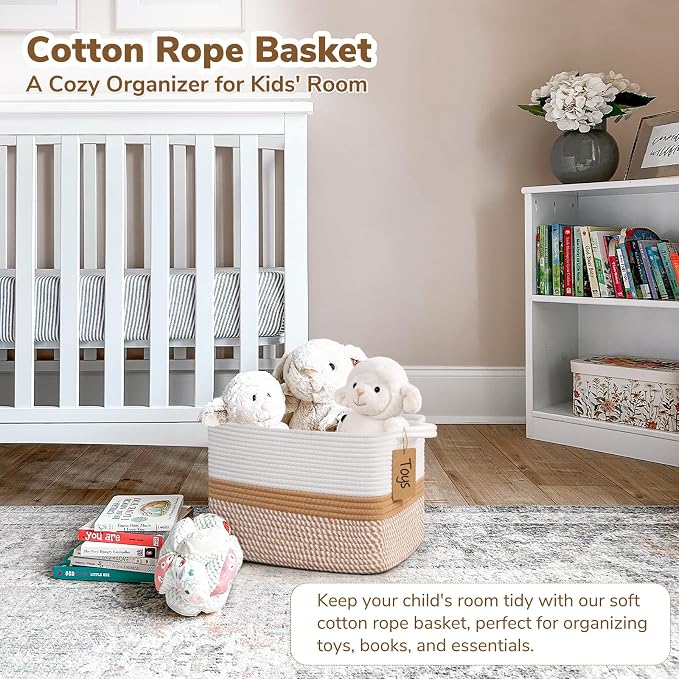 Goodpick Woven Rope Storage Basket for Shelves, White & Camel Mix | 13" × 10" × 9" Stylish Gift Basket for Home Decor, Cotton Rope Baskets for Toys & Magazines Storage, Reinforced Handles - Image 2