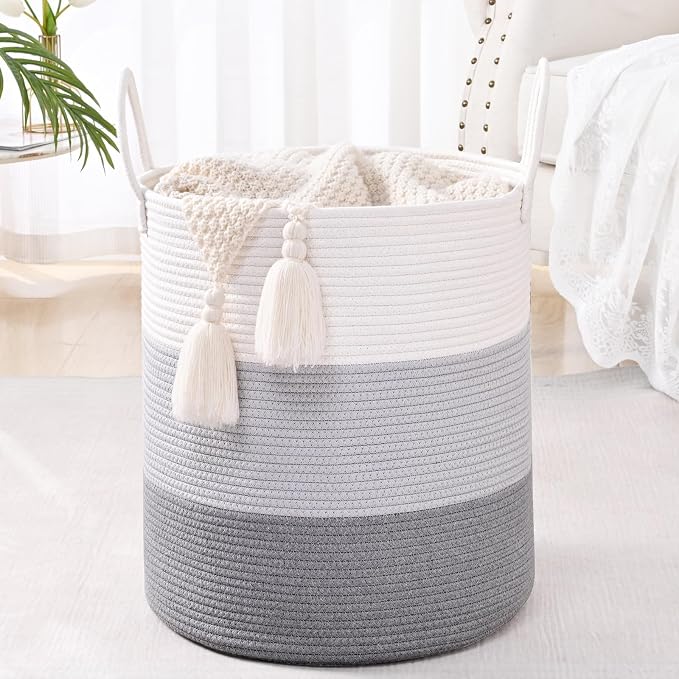 Laundry Hamper for Organizing, 52L Large Laundry Baskets, Cotton Rope Woven Blanket Basket, Collapsible Laundry Hamper for Living Room, Nursery, 15"×18", Gray - Image 8