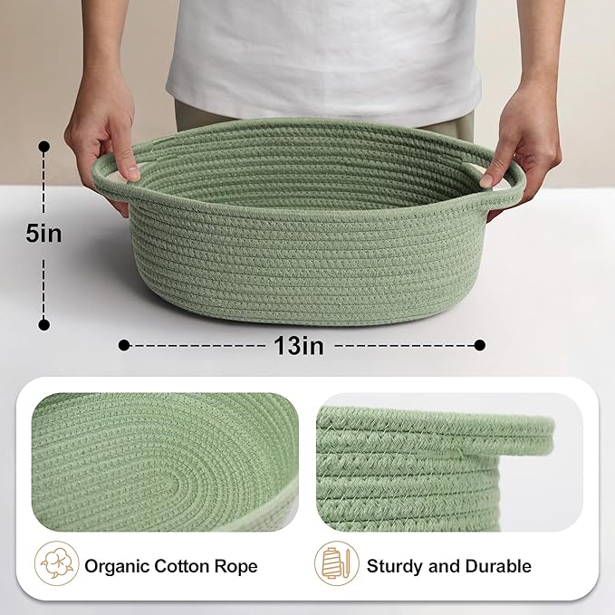 MEGASKET Green Woven Basket, 13" x 9" x 5" Baskets for Gifts Empty, Cute Cotton Rope Cat Dog Toy Bin Box, Small Woven Bin for Organizing, Green Room Decor, Nursery Baby Cloth Diaper Storage Organizer - Image 2