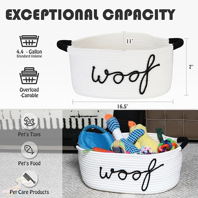 Sea Team Dog Toy Storage Basket with Handles, White Woof | Large Cotton Rope Storage Bin, Shelf Basket, Organizer for Pet Chew Toys, Foods, 16.5 x 11 x 7 Inches, 4.4 Gallons - Image 3