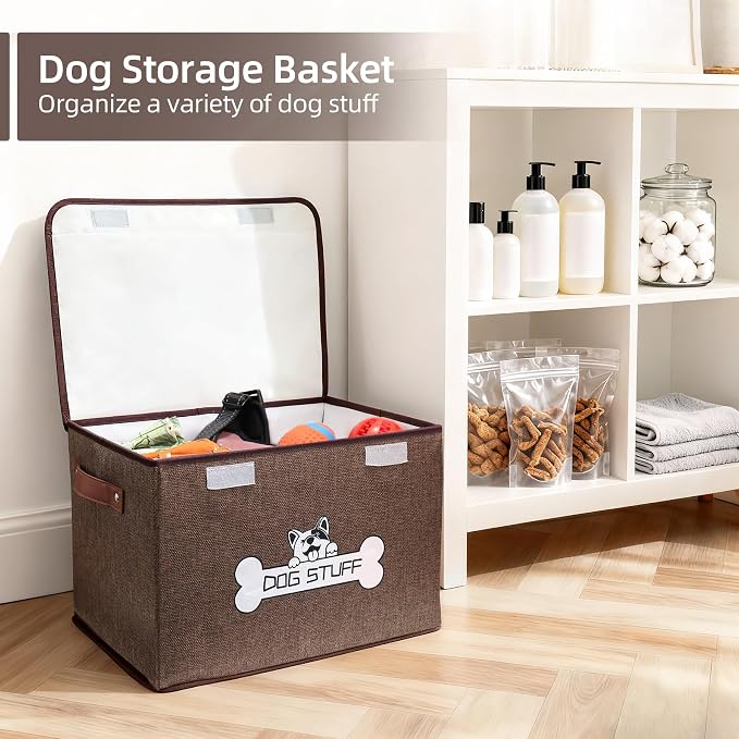 Dog Toy Basket with Lid, Collapsible Box for Pet Accessories | Storage Bin for Living Room, Fabric Container with Handle, Organizer for Small Medium dogs, Coffee - Image 7