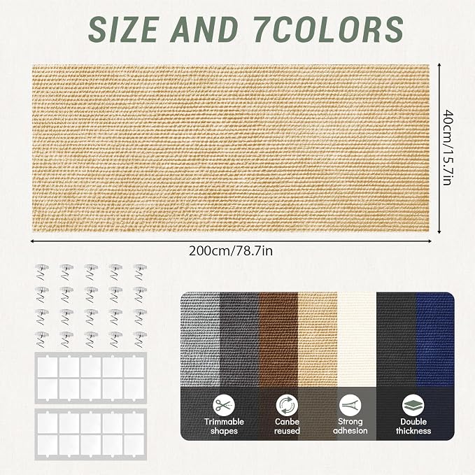 78.7x15.8In Cat Scratch Mat for Couch, Anti Scratch Furniture Protector | Thickened Guard Carpet, Trimmable Cat Climbing Pad Tree Replacement, from Claws for Sofa Corner Door Protector (Khaki) - Image 3