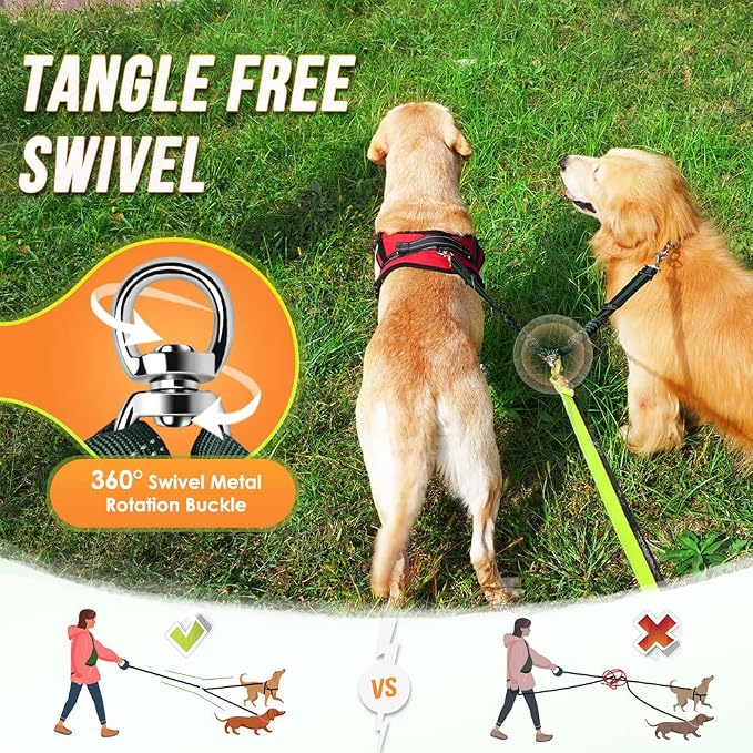 AUTOWT Double Dog Leash, No Tangle 360°Swivel Rotation Reflective Lead Attachment Adjustable Length Dual Two Dogs Lead Splitter, Comfortable Shock Absorbing Walking Training for 2 Dogs - Image 2