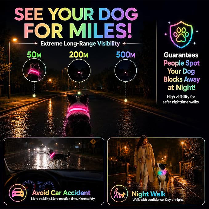 Multicolor LED Dog Collar USB-C Rechargeable, Light Up Dog Collar, Rainbow Gradient Glowing Dog Collar with 4 Light Modes, Adjustable Candy Mesh Pet Collar(Pink, Medium) - Image 4
