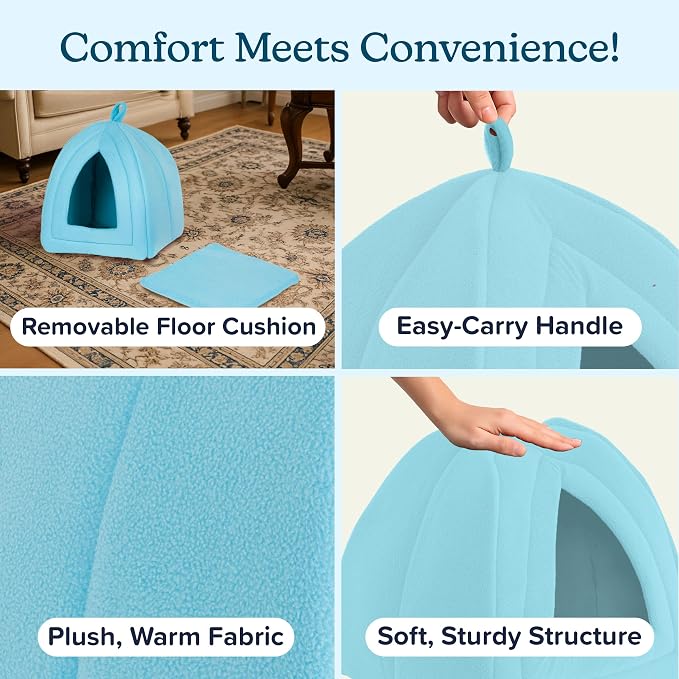 PETMAKER Cat House Indoor Bed with Removable Foam Cushion, Blue | Plush Cat Tent Bed for Small Kittens, Rabbits, Guinea Pigs, and Other Small Animals, Comfortable Cozy Pet Hideaway - Image 3