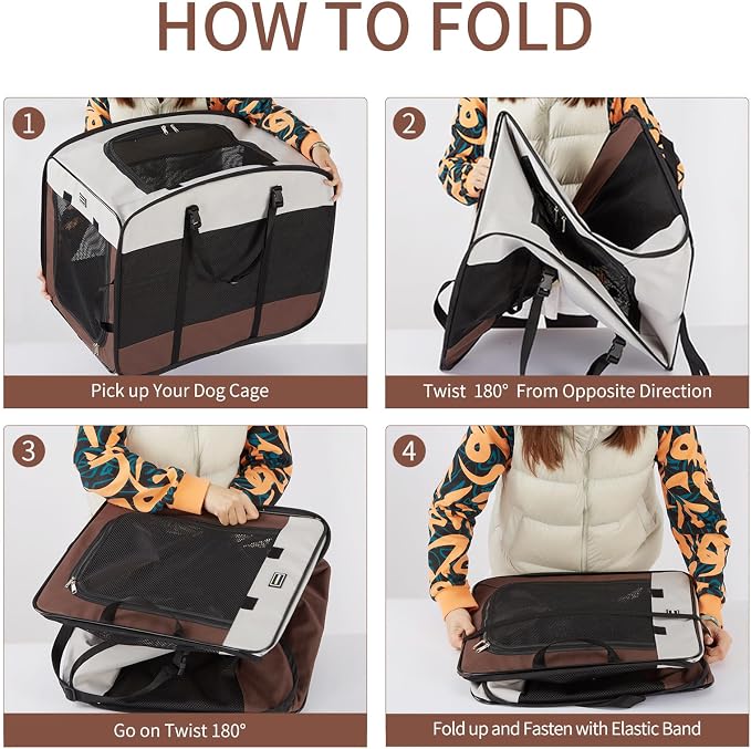 DONORO Dog Kennels and Crates for Medium Dogs, Portable Pop Up Indoor Pet Cage with Sturdy Wire Frame, Collapsible Travel Crate Soft Sided Cat Bag Escape Proof (Brown, 24.0" L x 16.0" W x 19.0" H) - Image 3