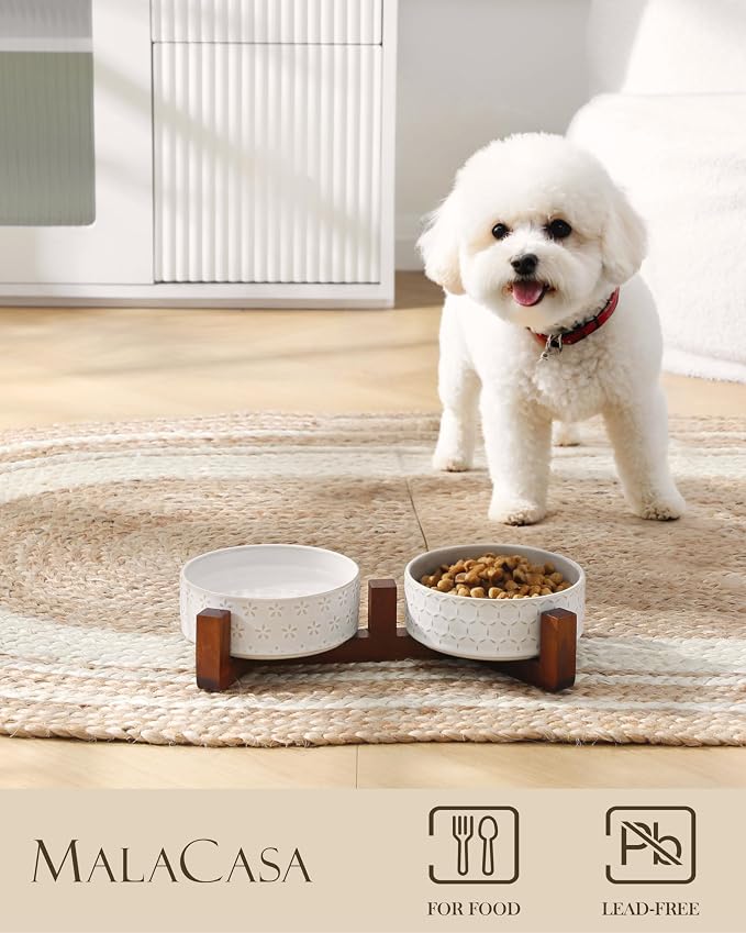 MALACASA Dog Bowl Set, Ceramic Bowls with Walnut Wood Stand, 1.5 Cups | Five-Leaf Grass and Honeycomb Design, Non-Slip Base, for Cats and Dogs, About 26% Heavier than Similar Ceramic Bowls - Image 3