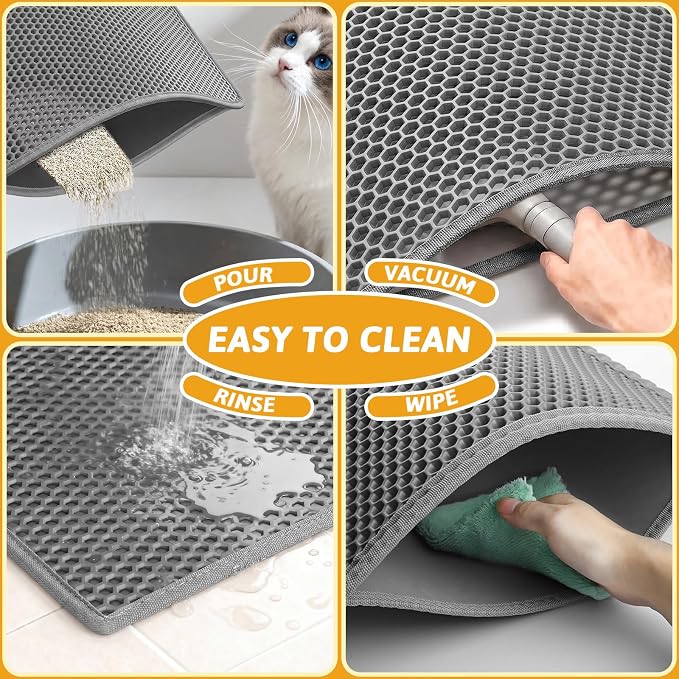 Pieviev Litter Box Mat, Double-Layer Urineproof Design, 30" x 24" Gray | Honeycomb Litter Trapping Mat Captures Scattered Particles to Stop Tracking, Waterproof Base Protects Floors, Easy to Clean - Image 6