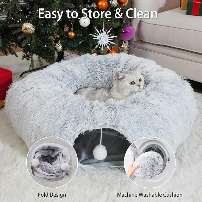 Cat Tunnel Bed for Indoor Cats, Under Christmas Tree Skirt, Donut Tunnel Toys for Multiple & Large Cats, Bed Cave Hideaway for Kitten, Rabbit, Puppy, Gray - Image 6