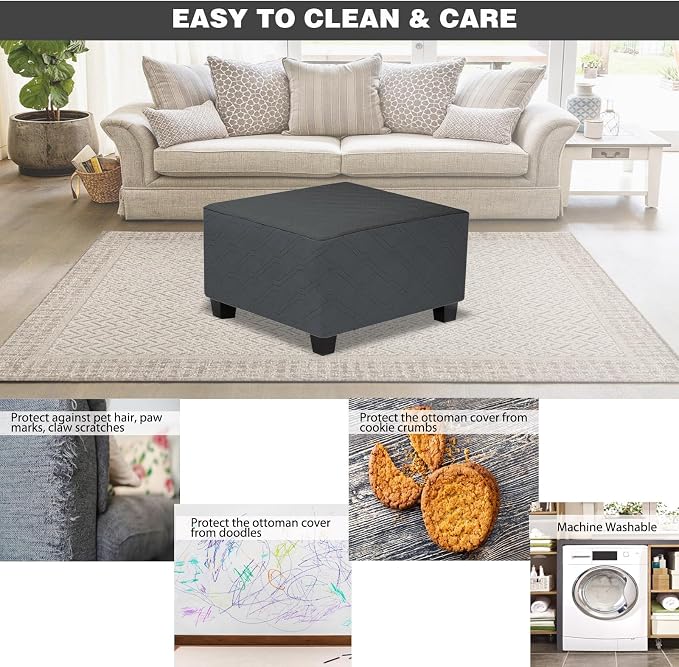 Ottoman Cover Square,Waterproof Square Ottoman Covers Thick Slipcover for Living Room,Washable Storage Footstool Furniture Protector for Dogs,Pets,Charcoal Grey,X-Large - Image 6