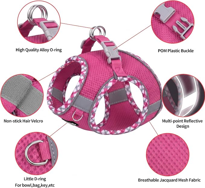 Small Dog Harness and Leash Set Strong Magic Tape, Hot-Pink, XS | No Pull Step-in Vest for Puppy, Breathable Mesh, Reflective & Escape-Proof Design, Outdoor Use for Chihuahua, Maltese - Image 3