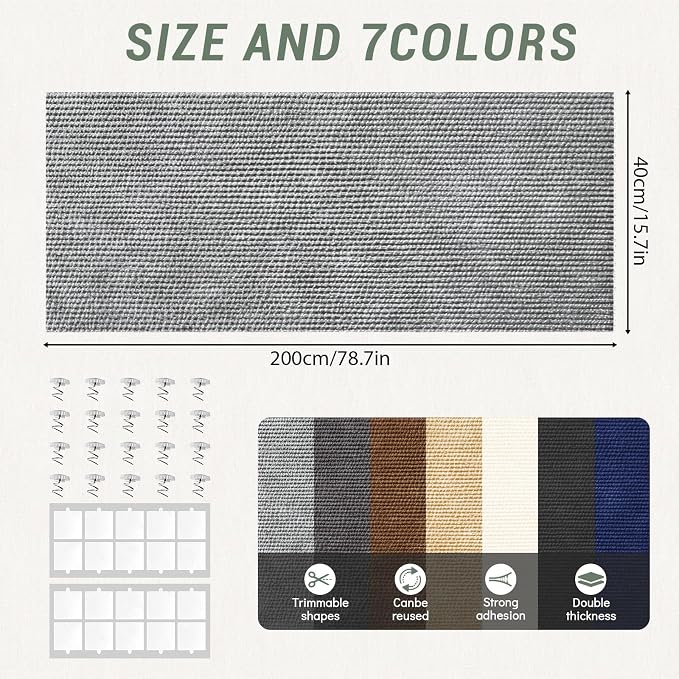 Cat Scratch Mat for Couch, 78.7x15.8 in Self-Adhesive | DIY Climb Cat Scratch Carpet, Trimmable Pads for Tree Post, Couch Furniture Wall Door Protector, with Pins & Tape, Light Grey - Image 3
