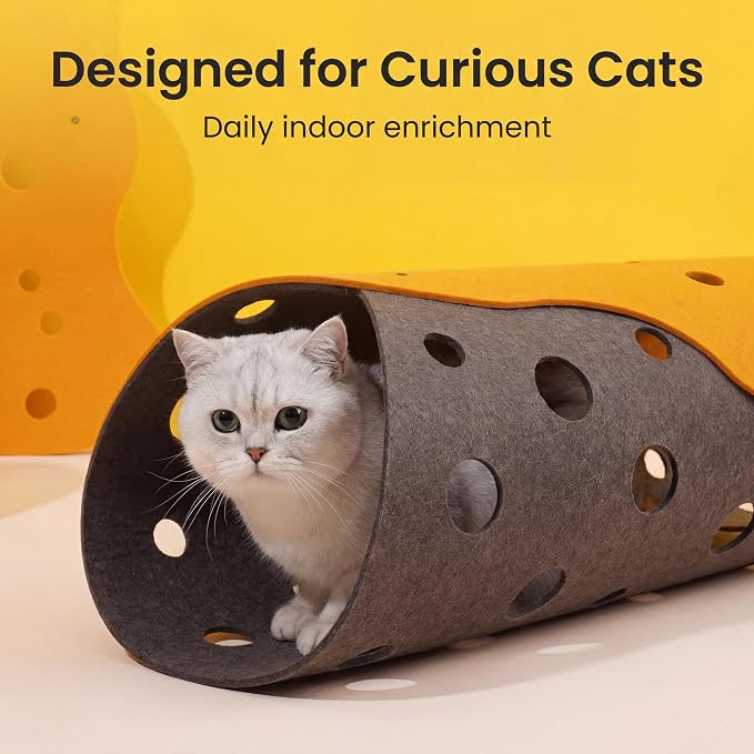 ZEZE Cheese Cat Tunnel for Indoor Cats, Felt Peek Hole Hide Tunnel Toy with Snap Buttons, Foldable Interactive Cat Play Mat for Hide & Seek and Indoor Enrichment - Image 9