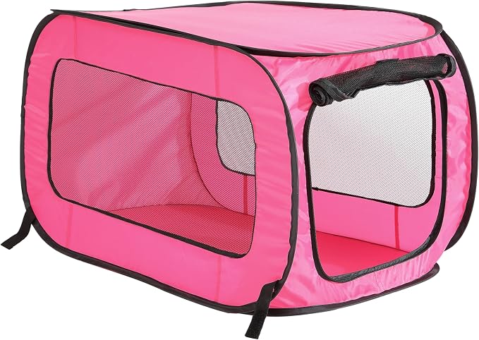 Portable Collapsible Pop Up Kennel, 32.5" L x 19.5" W x 19.5" H, Fuchsia | Collapsible indoor/outdoor travel cat and dog crate with mesh screen windows pops up and folds flat for easy storage by BeatriceHomeFashions
