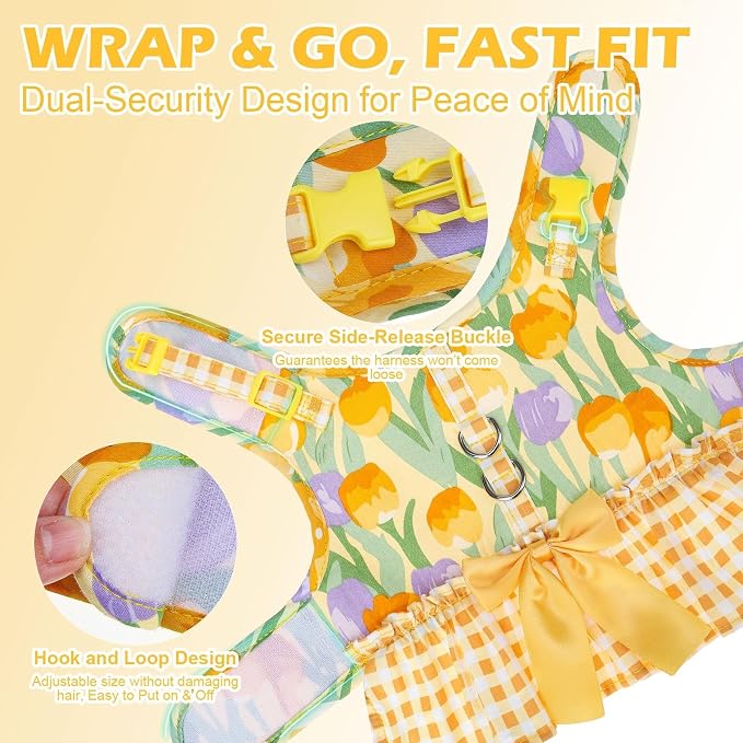 EXPAWLORER Dog Harness Small Medium Sized Dogs, No Choke No Pull Mesh Vest | Tulip Dog Dress Bowknot Harness and Leash Set Soft Cute Princess Puppy Outfits Clothes Costume for Girls Party Cats Yellow S - Image 6