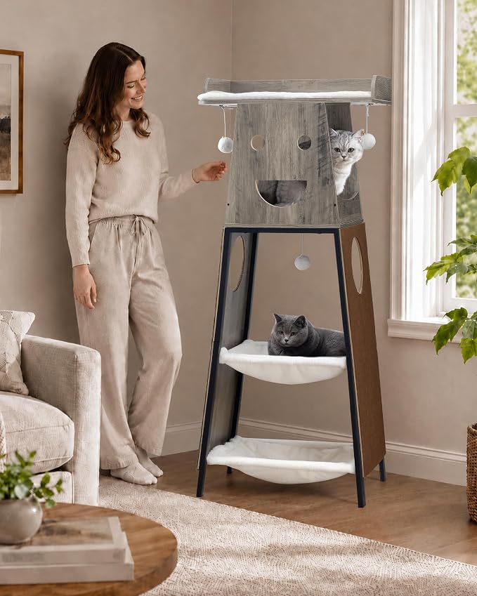 56in Modern Wood Cat Tree Tower for Indoor Cats with Hammock | Multi-Level Climbing Design, 2 Spacious Hammocks, Top Perch, Cat Condo, Scratching Boards, Ideal for Multi-Cat Homes,Greige - Image 2