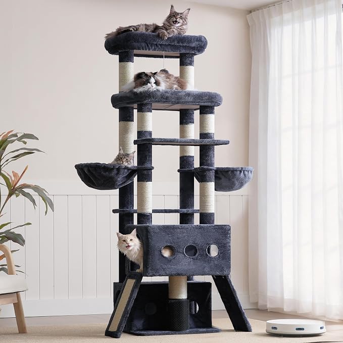 Hey-brother Cat Tree Tower with Multi-Level Platforms, Cozy Condos, MPJ085G | 71.5 Inches Cats House, Scratching Posts with 2 Hammocks, Scratch Board, 2 Plush Baskets for Multiple Indoor Cats, Smoky Gray - Image 8