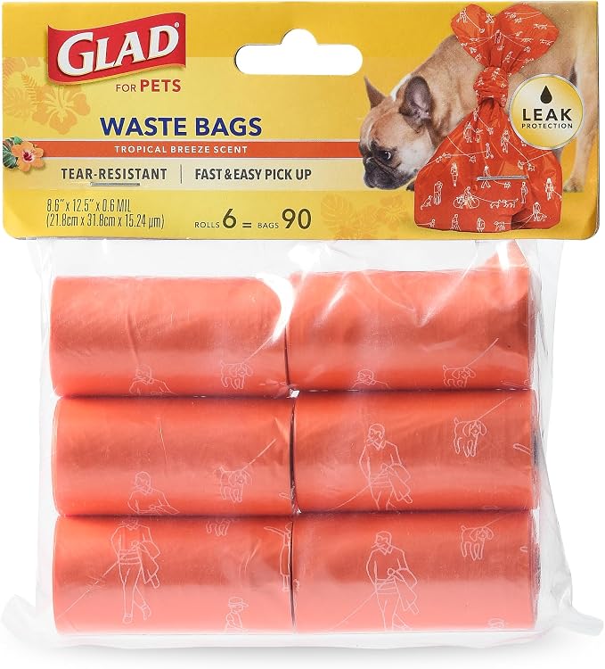 Glad for Pets Scented Dog Poop Bags, Tropical Breeze Scent, 90 Count | Leak-resistant, heavy duty, tear-resistant bags with fun print design, fits standard dispensers, 6 rolls by GladTrashFoodStorage