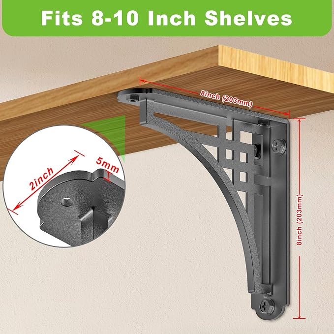 Dolibest 8 Inch Heavy Duty Shelf Brackets, 5MM Thickness L- Bracket , Metal Floating Shelf Bracket, Wall Shelf Bracket & Hardware, Rustic Black Floating Shelves for Kitchen Living Room-2Pcs-(500LB) - Image 5