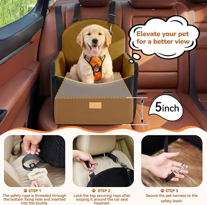Dog Car Seat for Medium/Small Dogs, Dog Booster Car Seat, Pet Booster Seats Up to 40lbs with Waterproof Layer, 3 Storage Pockets and Safety Belt (Black/Brown) - Image 3