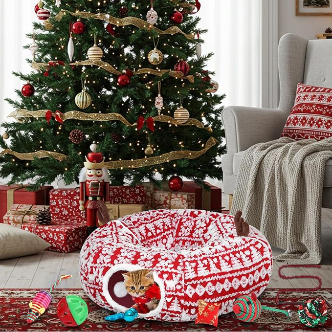 Dansydaisy Cat Tunnel Christmas Tree Skirt, Snowflake Deer Cat Tunnel Bed with Toys, Hanging Ball Plush Washable Cushion and Dangling Balls 3FT Peekaboo Playground for Small Medium Rabbit Xmas Decor - Image 7