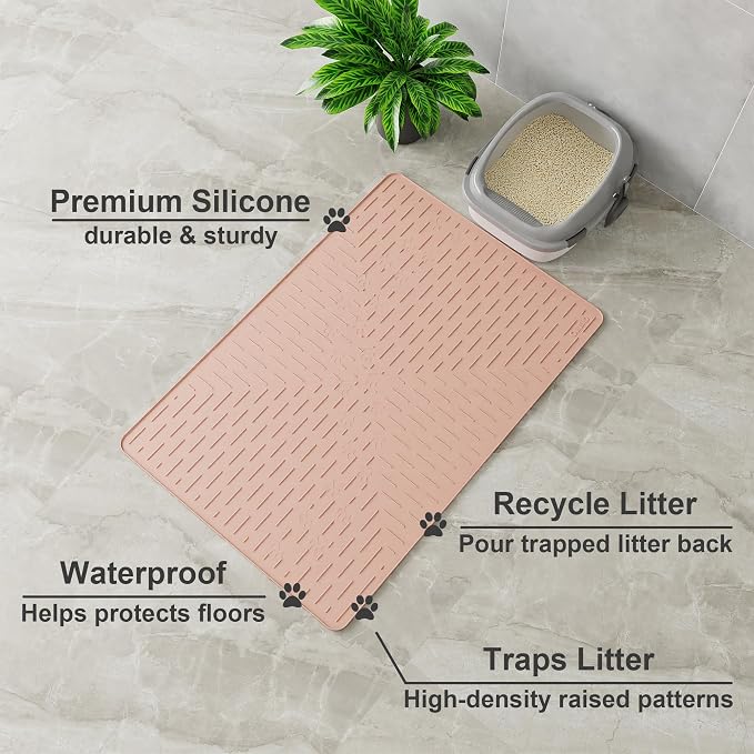 XL Cat Litter Mat, 37.5x25.2 Silicone Trapping Mat Coral | for Kitty Litter Box, Easy Clean, BPA Free Rubber, Center Litter Collection, Easy Pour-Back, Waterproof, Odor-Resistant - Image 2