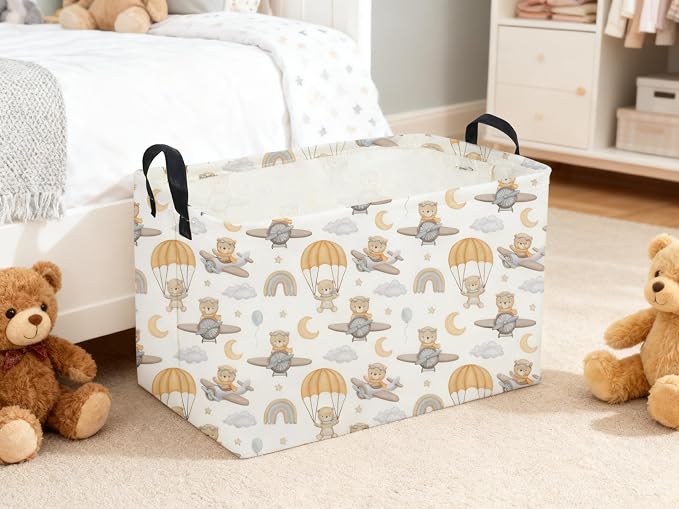 Sanjiaofeng Rectangular Kids Basket Bear Storage Bins,Cute Storage Basket with Handles.Clothers,Books,Kid's Gifts Bins. (Airplane Bear) - Image 5