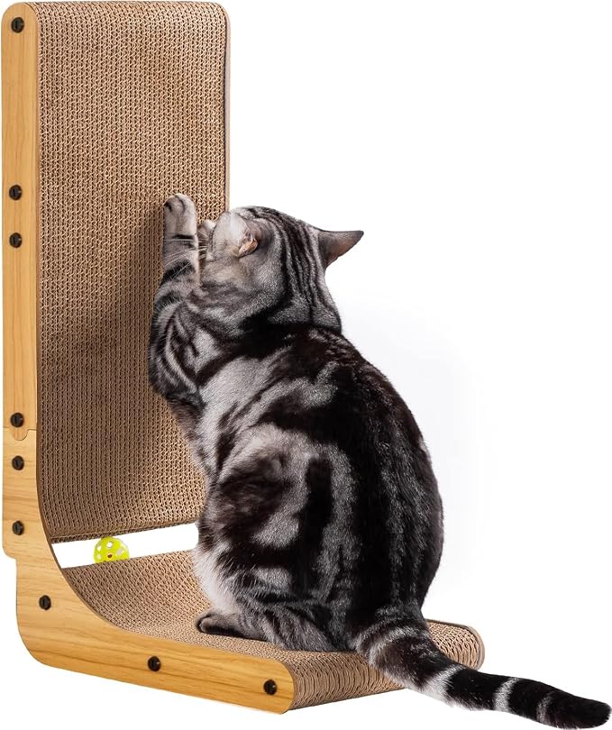 Poils bebe L Shape Cat Scratcher, 26.8 Inch Cat Scratchers for Indoor Cats | Protecting Furniture Cat Scratch Pad, Cardboard Cat Scratching with Ball Toy, Catnip, Large by Poilsbebe