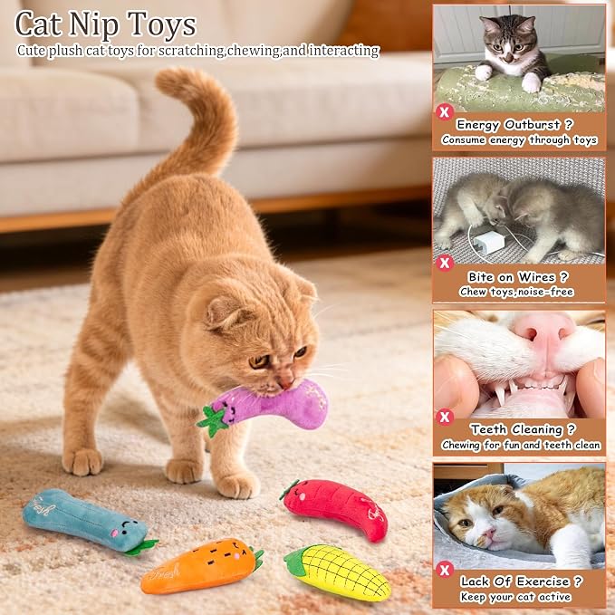 ETEKYER Catnip Cat Toys for Indoor Cats Kitten, 5 Pack, Vegetable Shape | Cat Nip Toys Soft and Durable, Interactive Kitty Kicker Chew Safe Teeth Cleaning Toy - Image 3