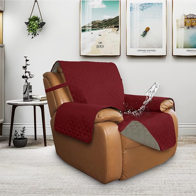 ISSUNTEX Double Protection 100% Waterproof Recliner Covers for Living Room, Reversible Furniture Protector Recliner Couch Sofa Slipcover for Dogs, Pets, Kids (Oversized Recliner, Christmas Red/Beige) - Image 2