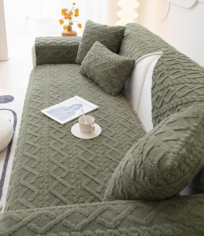 vctops Geometric Jacquard Plush Sofa Couch Covers Farmhouse Neutral Non Slip Sectional Couch Cover Soft Warm Sofa Slipcover for Dogs, Children, Pets Furniture Protector (Army Green,36"x63") - Image 4