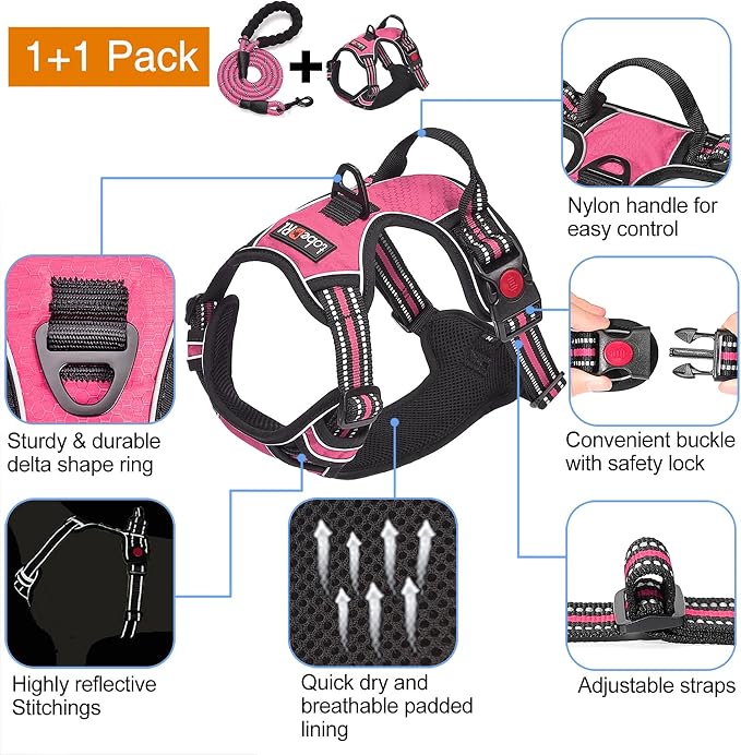 tobeDRI No Pull Dog Harness Adjustable Reflective Oxford Easy Control Medium Large Dog Harness with A Free Heavy Duty 5ft Dog Leash, Pink, XL - Image 3