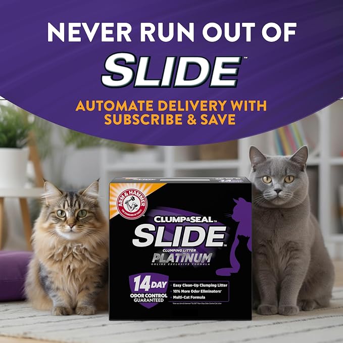 ARM & HAMMER Slide Platinum Easy Clean-Up Clumping Cat Litter, 27.5 Lbs | 24/7 Odor Control, Triple-Action Freshness, Non-Stick, Low Tracking, Multi-Cat Formula, Scented - Image 9
