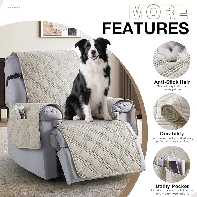 TAOCOCO 100% Waterproof Recliner Chair Cover, Small Recliner Covers for Recliner Chair with Pocket, Non Slip Reclining Chair Cover Furniture Protector for Kids, Pets(20'', Cream) - Image 5