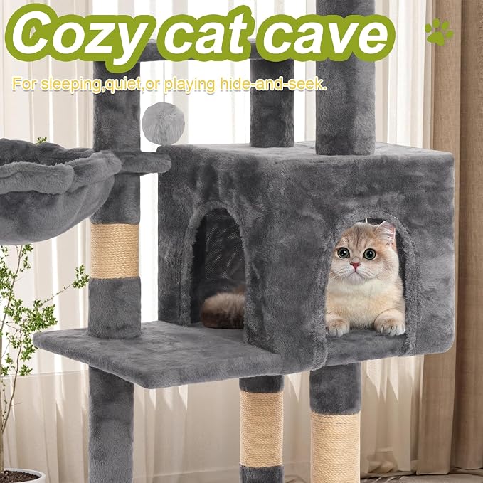 Cat Tree Tower with Hammock,40" Cat Trees for Indoor Cats Large Adult(Grey) | Modern Cat Tree Tower with Scratching Post, Cats Condo Furniture with Cloud Top Perch, Cats Climbing Tower for Kittens - Image 6