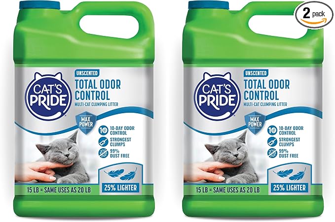 Cat's Pride Max Power: Total Odor Control - Up to 10 Days of Powerful Odor Control - Strong Clumping - Hypoallergenic - 99% Dust Free - Multi-Cat Litter, Unscented, 15 Pounds (Pack of 2) by CatsPride
