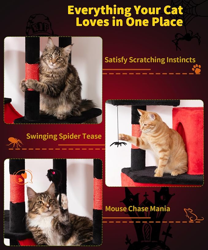 Gothic Cat Tree, 71 Inch Heavy Duty Cat Trees for Large Cats | Tall Cat Tree Tower with Extended Base, 2 Condos, 3 Perches, 9 Sisal Posts & Hammock for Indoor Adult Cats, Black Red - Image 5