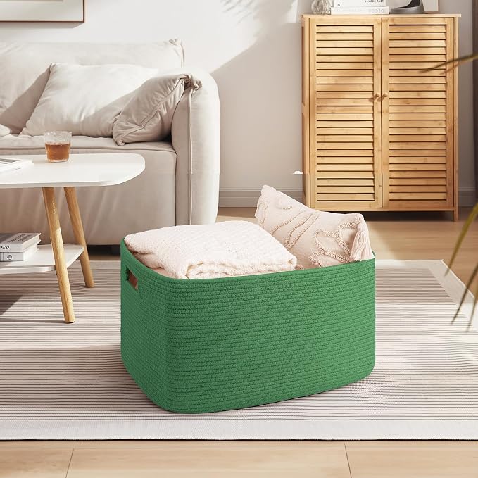 OIAHOMY 75L Large Blanket Basket, Woven Cotton Rope Baskets for Organizing 22”x17”x12”, Blanket Basket living Room, Toy Storage Bins for Nursery, Green - Image 2