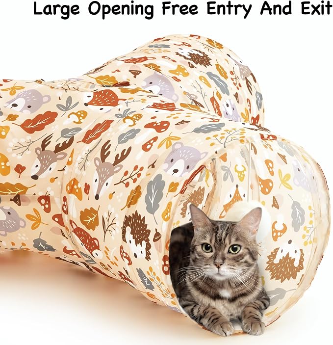Tempcore Cat Tunnel for Indoor Cats, 3 Way Collapsible Pet Play Tunnel with Teaser Wand, Peek Holes & Hanging Ball, Interactive Tube for Kittens & Rabbits, Beige Deer - Image 4