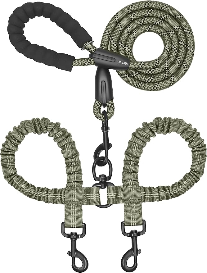 Double Dog Leash, 360° Swivel, No Tangle, Medium, Military Green | Dual Leash for Two Dogs, Split Leash, Shock-Absorbing Bungee, Padded Handle, Heavy-Duty Rope by iYoShop