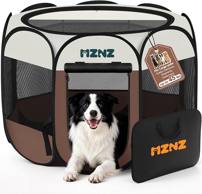 Dog Cat Small Animal Puppy Playpen Crate, Large, Brown | Portable Pop Up Pet Cage Enclosure Tent Kennel Indoor Outdoor with Carrying Case, No Assembly, Camping Use by MZNZ
