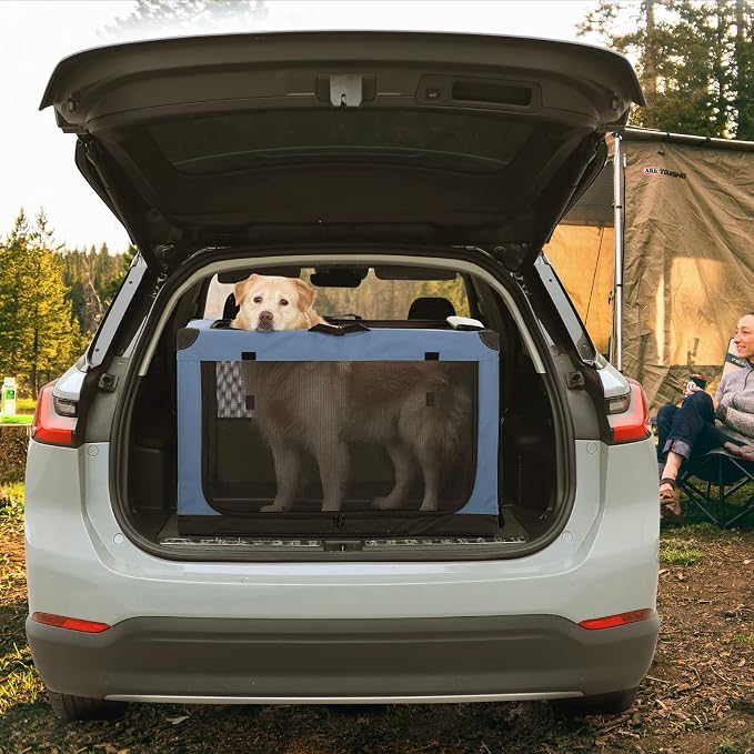 PETSFIT 36" Soft Portable Dog Crate – Patented Spiral Sturdy Frame, Collapsible Travel Kennel for Medium & Large Dogs, 3 Mesh Door, Lockable Zippers, Indoor & Car Use Blue - Image 9