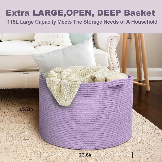 MEGASKET 115L Extra Large Purple Storage Basket, 23.6" X 15.7" Jumbo Woven Cotton Rope Bin for Throw Blankets Pillows, Baby Laundry Basket, Dirty Clothes Organizer, Big Storage Box for Toys, Towels - Image 3