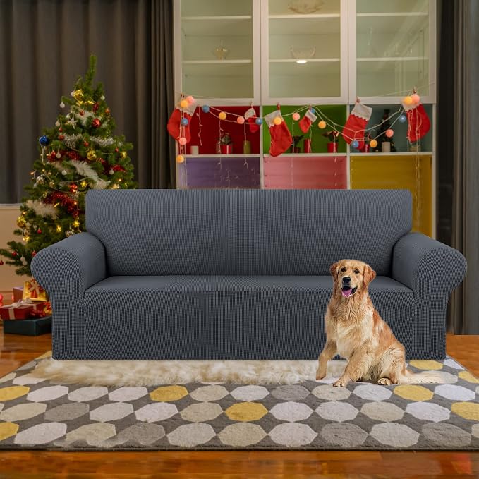 KEKUOU Stretch Couch Covers for Sofa, 3 Cushion Couch Slipcover,Charcoal | 1-Piece Washable Sofa Cover Pet Friendly(78"-94") Furniture Protector Soft Jacquard, Elastic Bottom for Dogs & Kids - Image 2